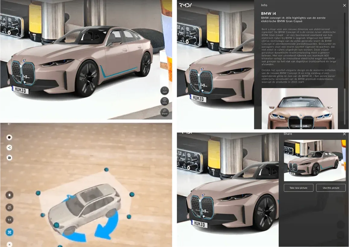 BMW AR interface screens showing a 3D vehicle, an information panel, rotation controls and photo sharing.