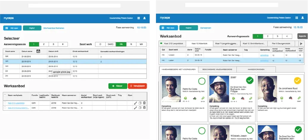DigiKot interface designs with selection tables, work assignments and dockworker profile cards.