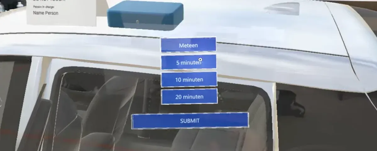 Diagnose Car mixed reality interface with a time-selection menu positioned over a vehicle.