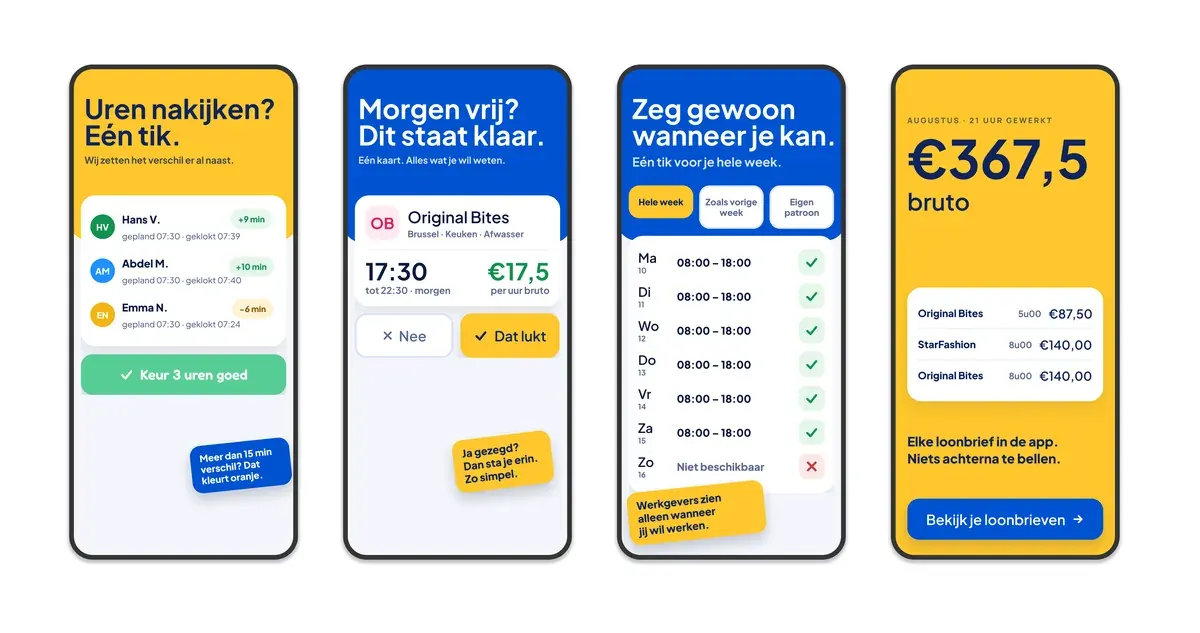 Four GoTemp mobile screens for checking hours, accepting a shift, setting weekly availability and viewing gross pay.