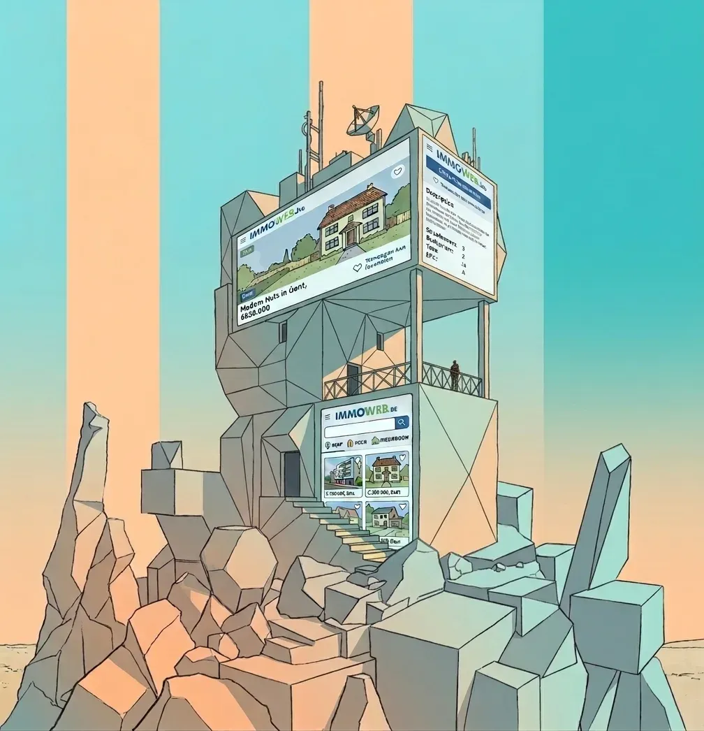 Illustrated tower displaying Immoweb property search interfaces against a turquoise and peach background.