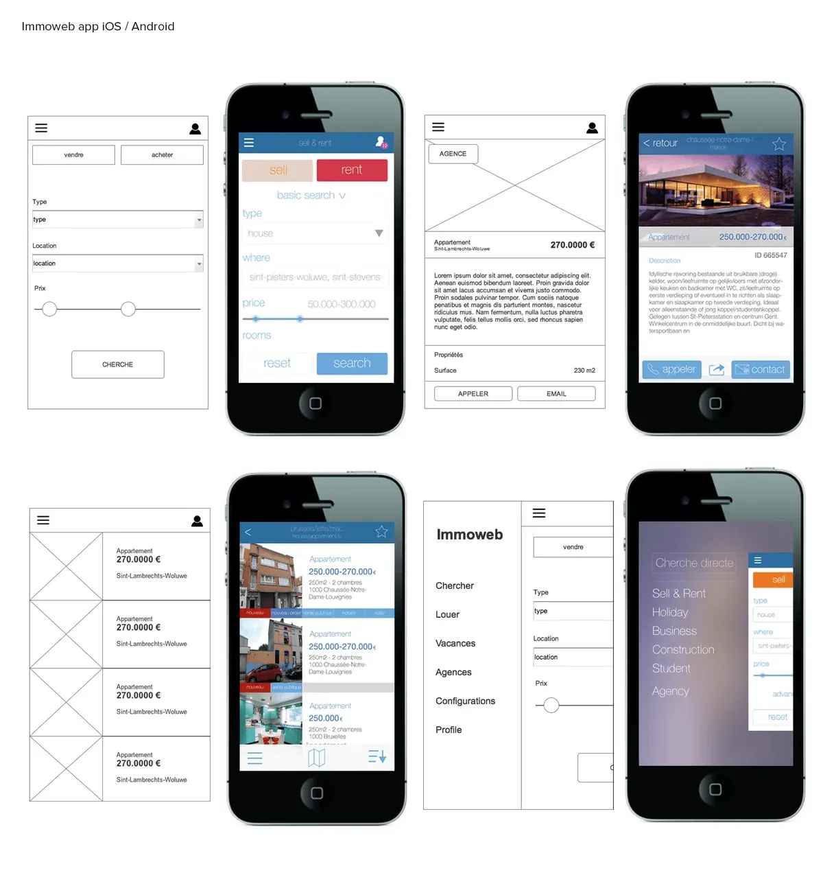 Immoweb mobile wireframes paired with designed iOS and Android screens for search, property details and navigation.