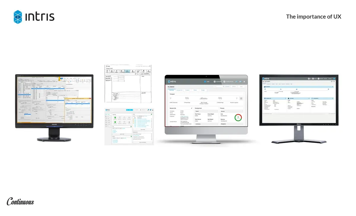 Intris overview showing the progression from earlier software screens and wireframes to redesigned interfaces.