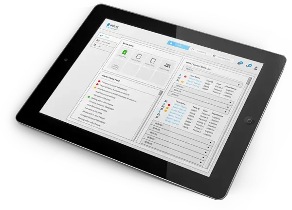 Intris TRIS interface shown on a tablet with logistics forms and data panels.