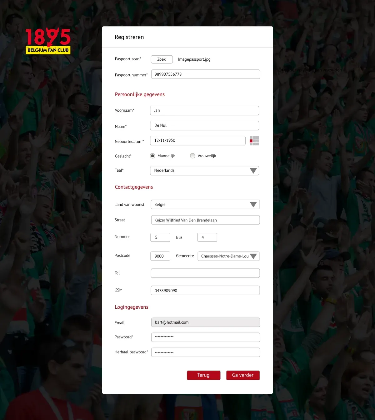 1895 Belgian Fan Club registration form over a background photograph of football supporters.