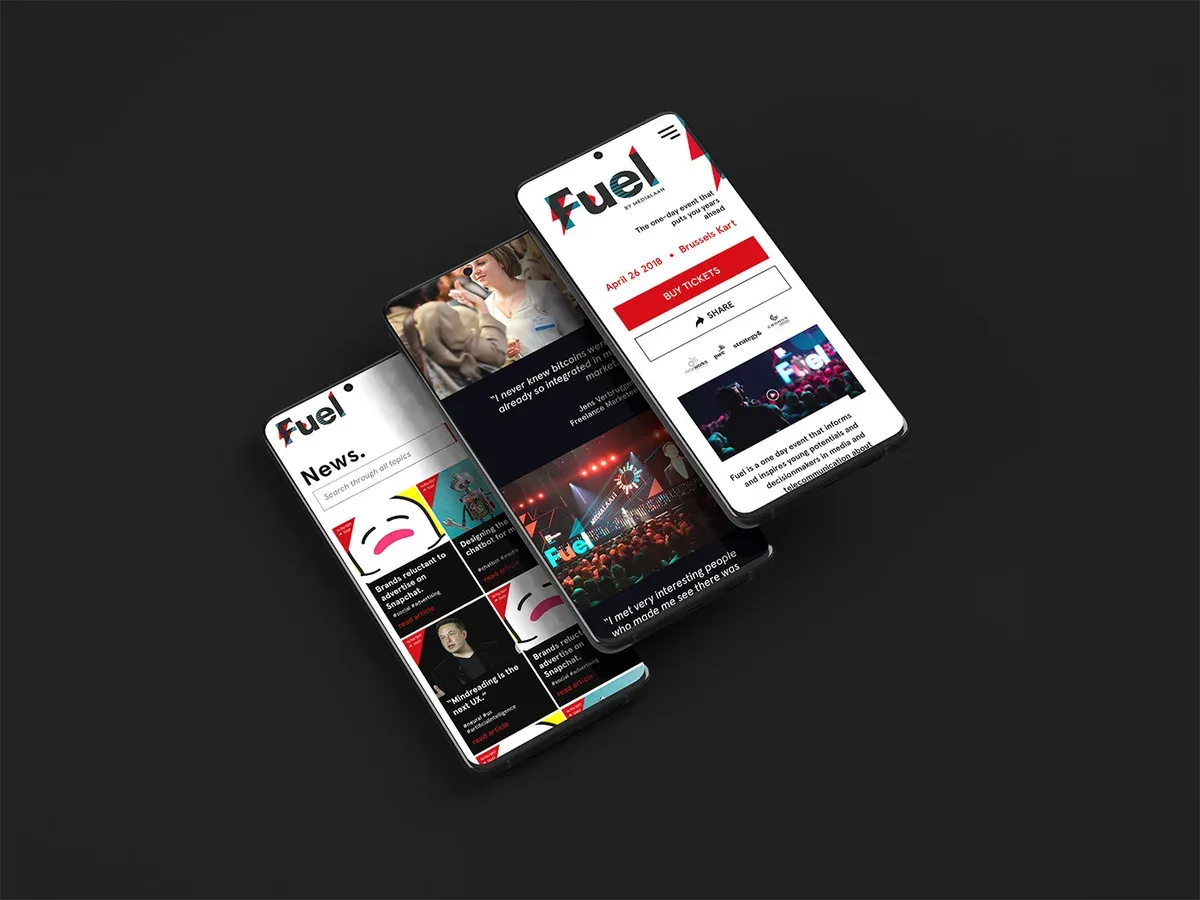 Fuel festival mobile website designs arranged against a dark background, showing news, event imagery and registration content.