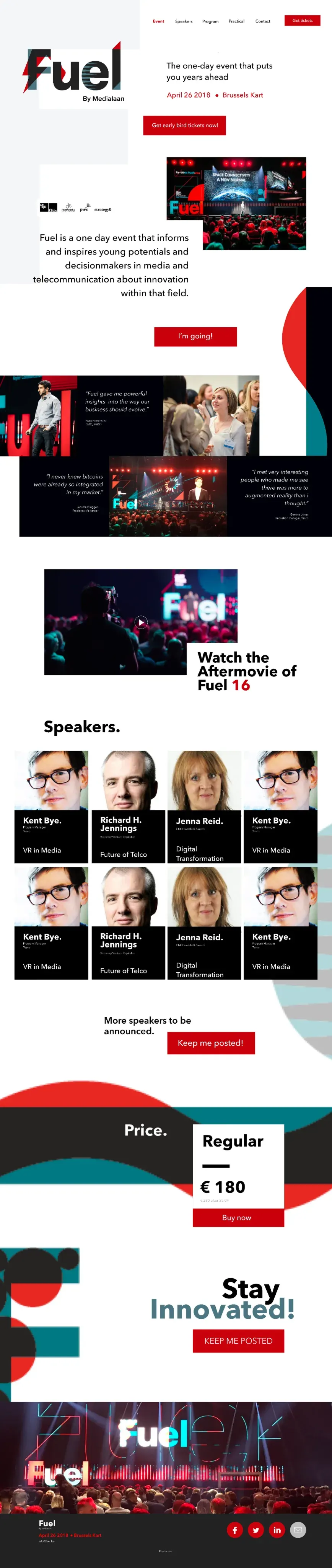 Full-length Fuel festival website design with bold red-and-black graphics, event content and speaker portraits.