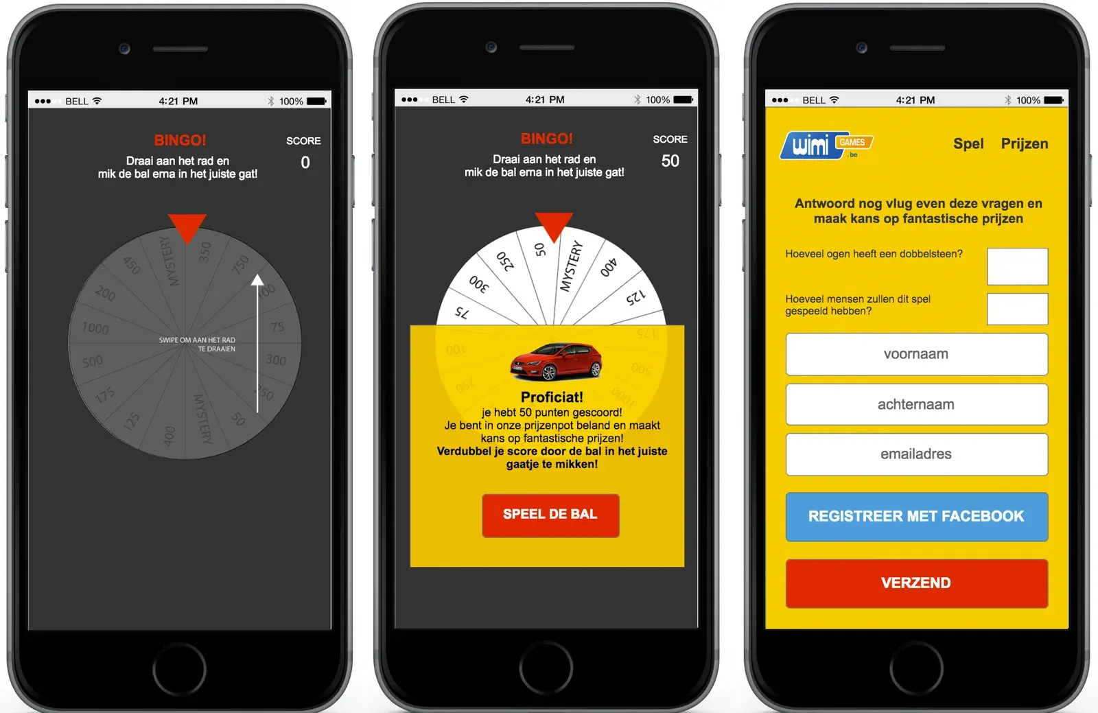 Three mobile campaign screens showing the game, prize result and registration form.