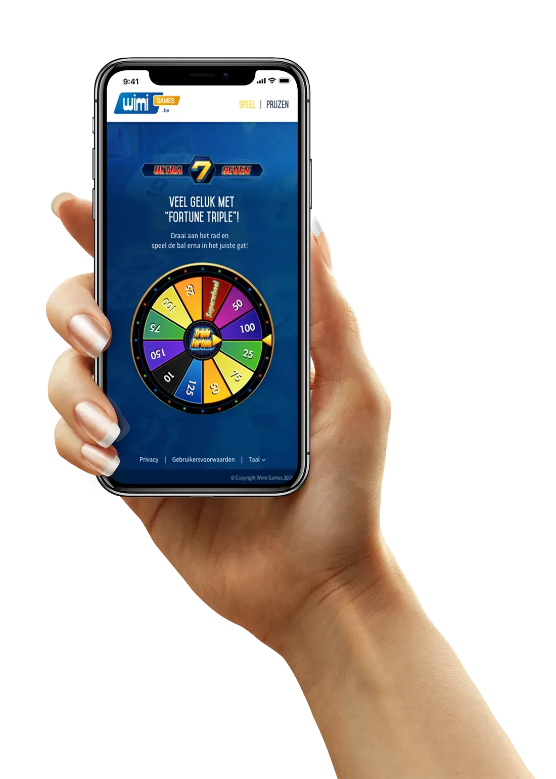 A hand holding a phone displaying the campaign game, against a soft pink-to-blue gradient.
