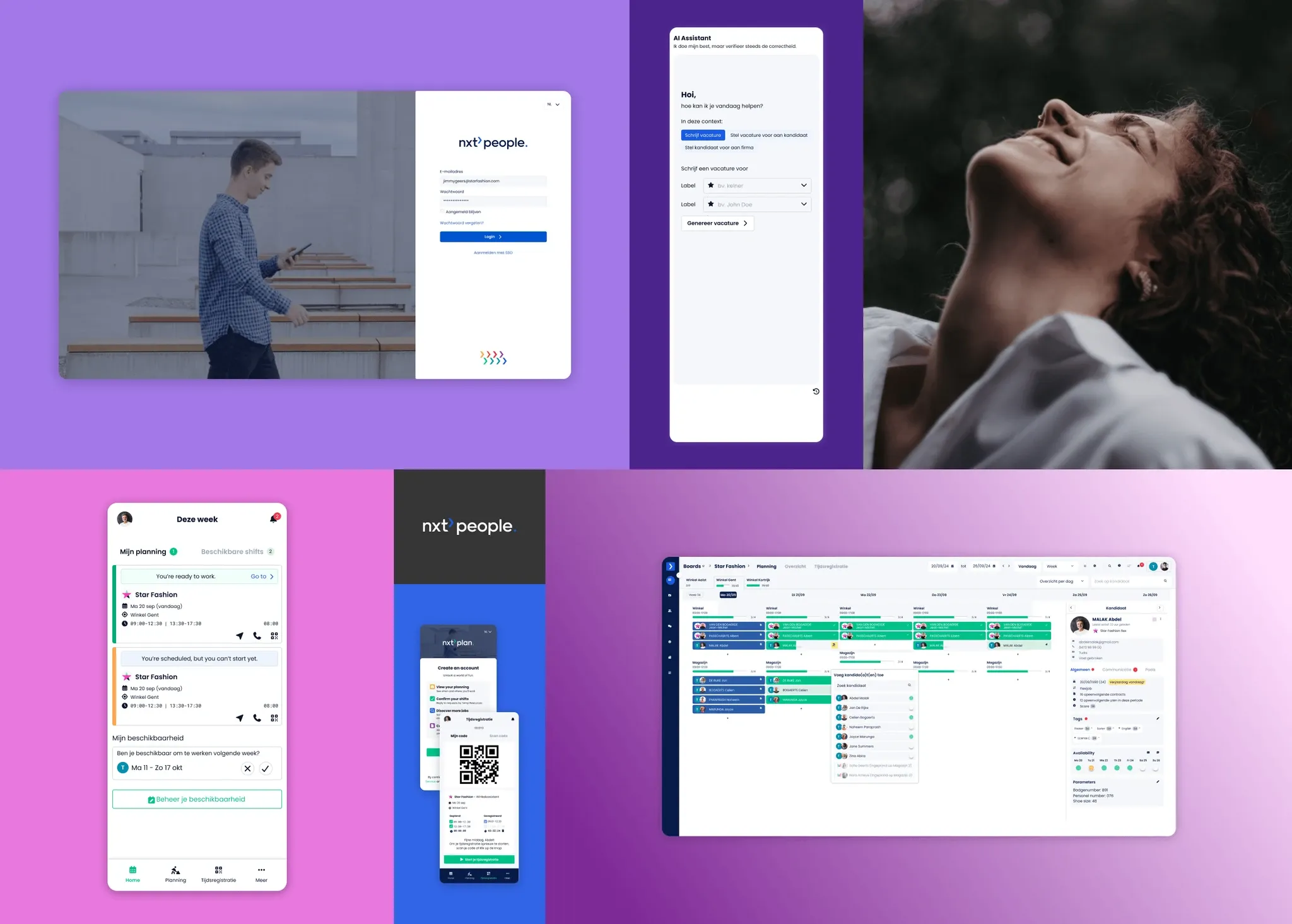NxtPeople product interfaces, including login, AI assistant, mobile planning and scheduling.