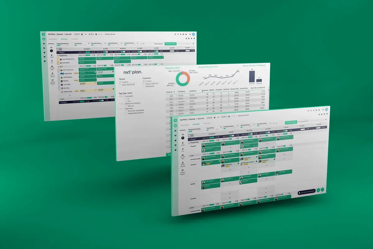 NxtPlan planning and reporting interfaces on a green background.