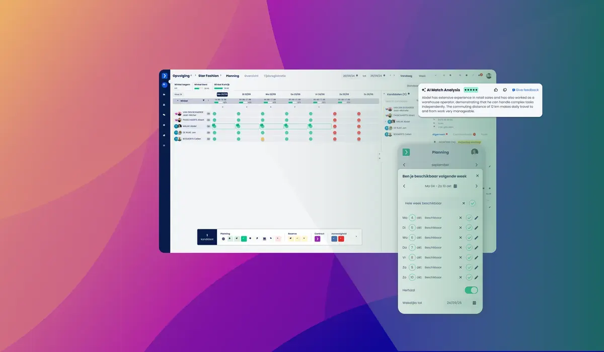 NxtPeople scheduling, AI match analysis and mobile availability.