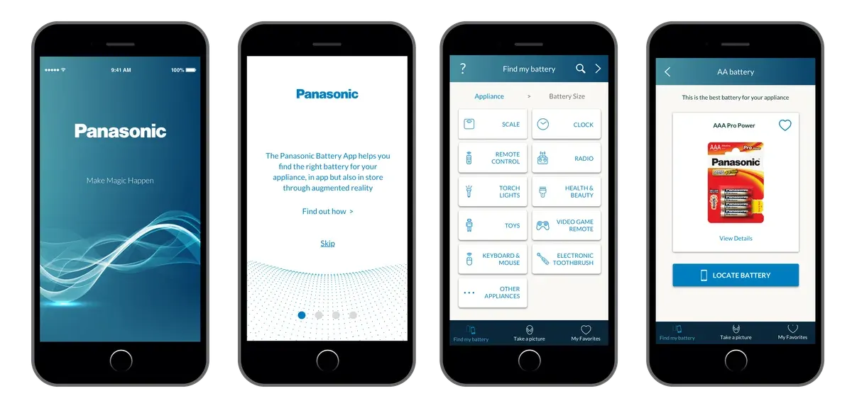 Four Panasonic Battery App screens showing the welcome flow, device selection and battery recommendation.