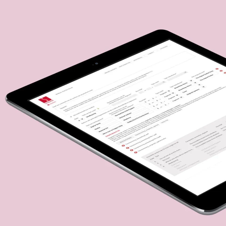 Sabam eLicensing interface displayed on an angled tablet against a pale pink background.