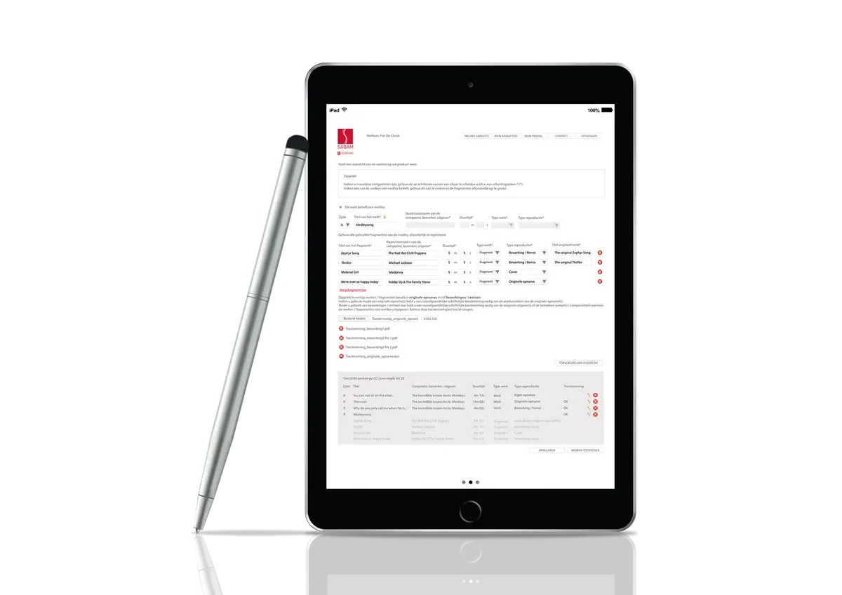 Sabam eLicensing form displayed on an upright tablet with a stylus.