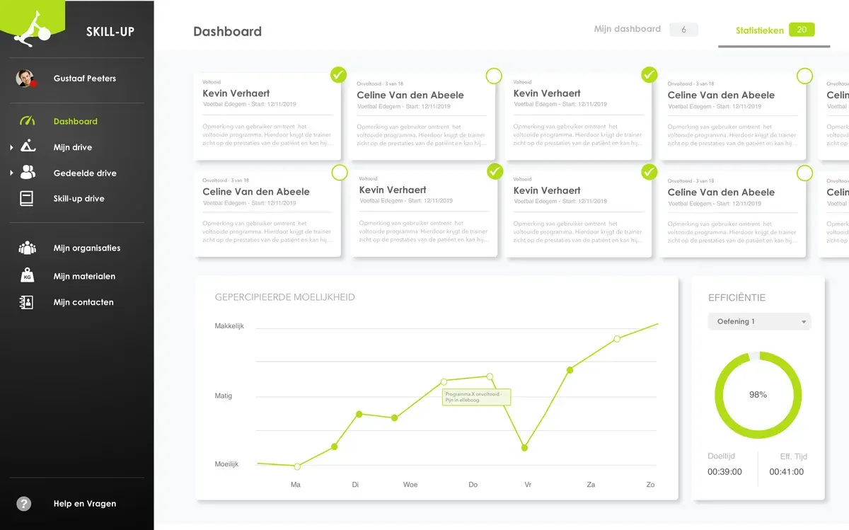 Skill-Up dashboard with patient exercise cards, progress charts and a completion summary.