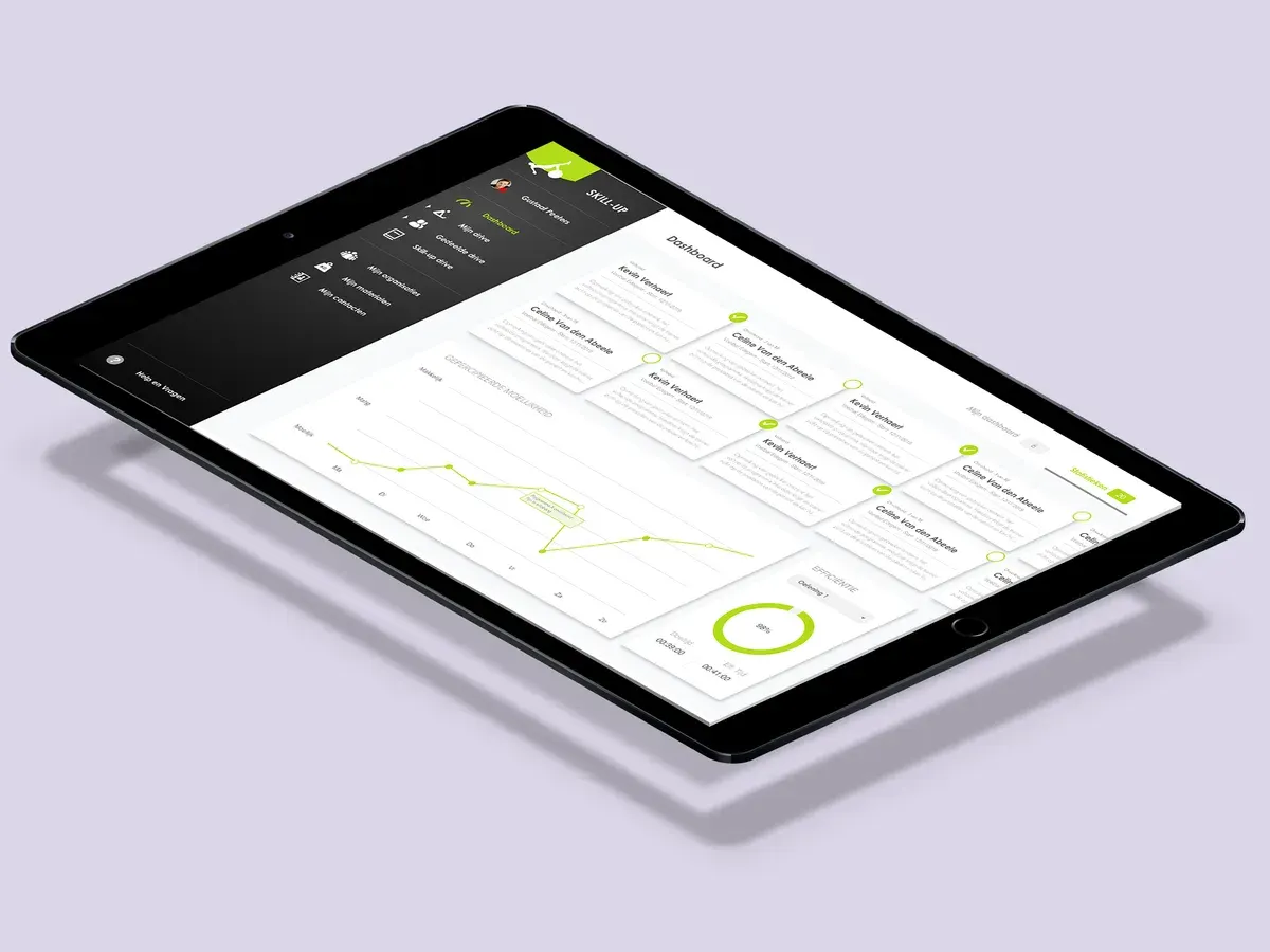 Skill-Up professional dashboard shown on a tablet against a pale purple background.