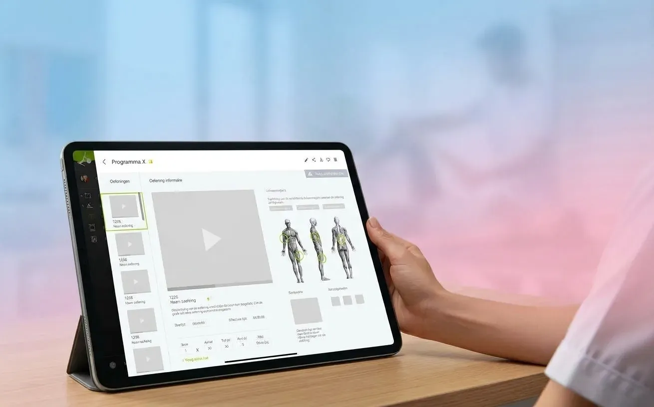 A person using the Skill-Up exercise programme interface on a tablet, with a video player and anatomical exercise illustrations.