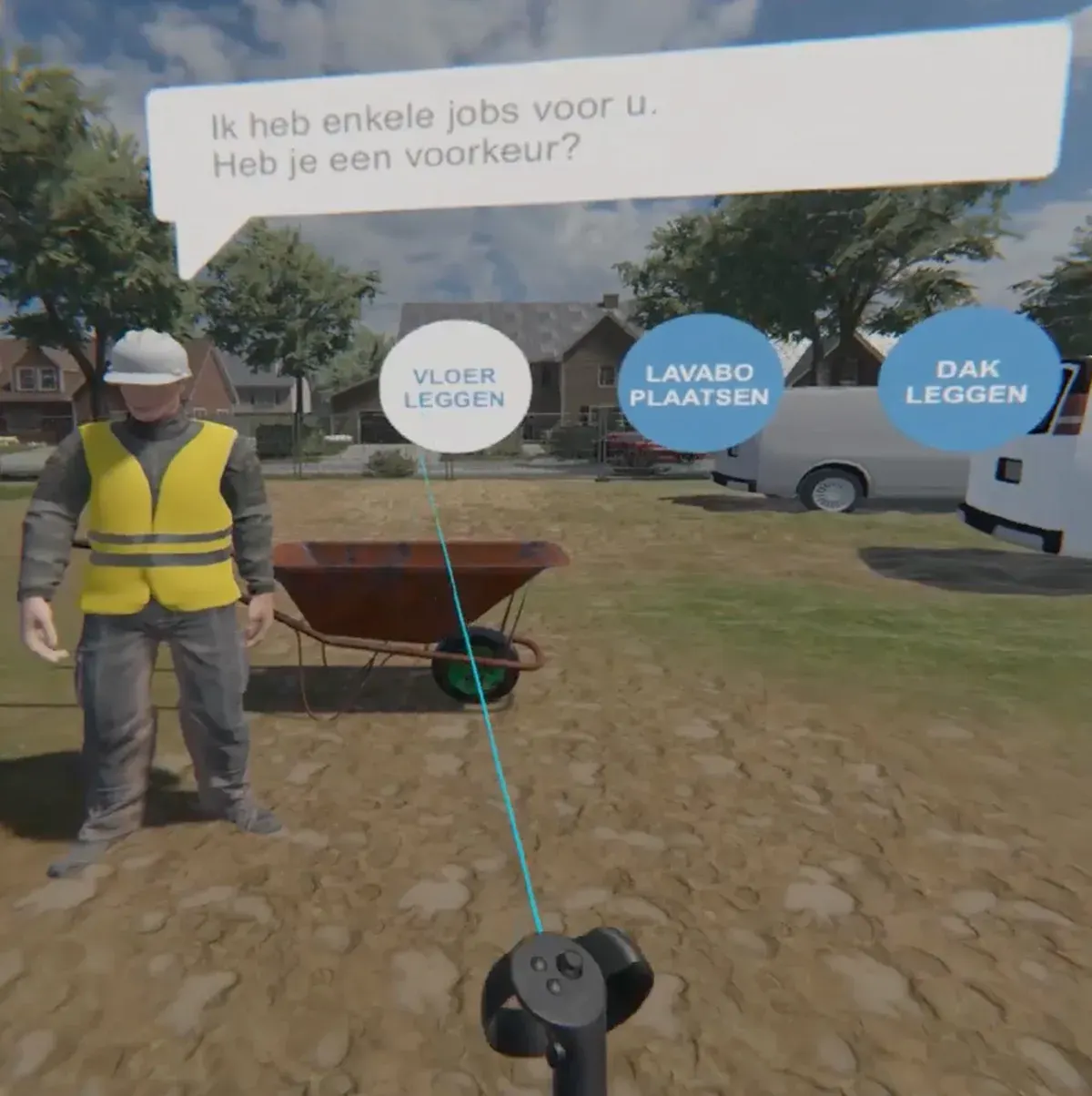 VDAB VR job-selection scene with a construction worker and choices for floor tiling, washbasin installation and roofing.