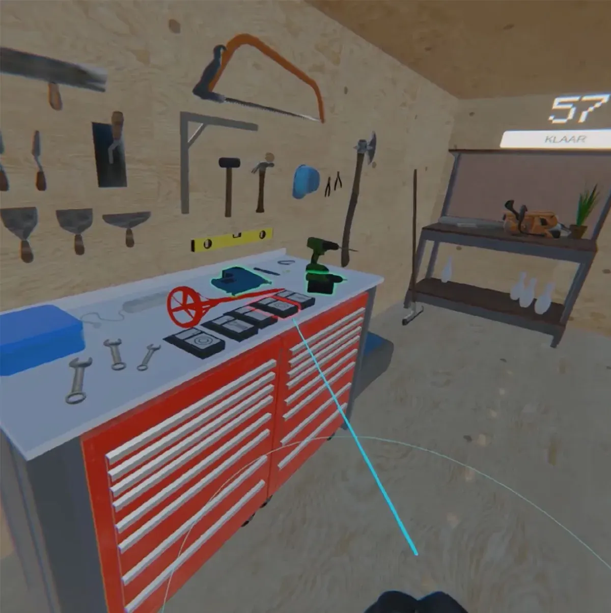 Virtual workshop with tools, a workbench and VR interaction controls for a VDAB assessment task.