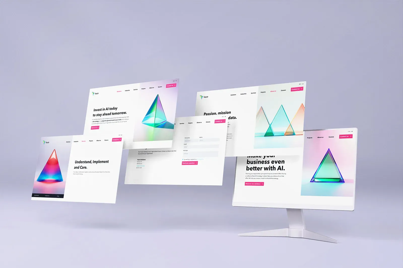 Vectr website layouts arranged around a desktop monitor, with colourful prism imagery against a soft purple background.