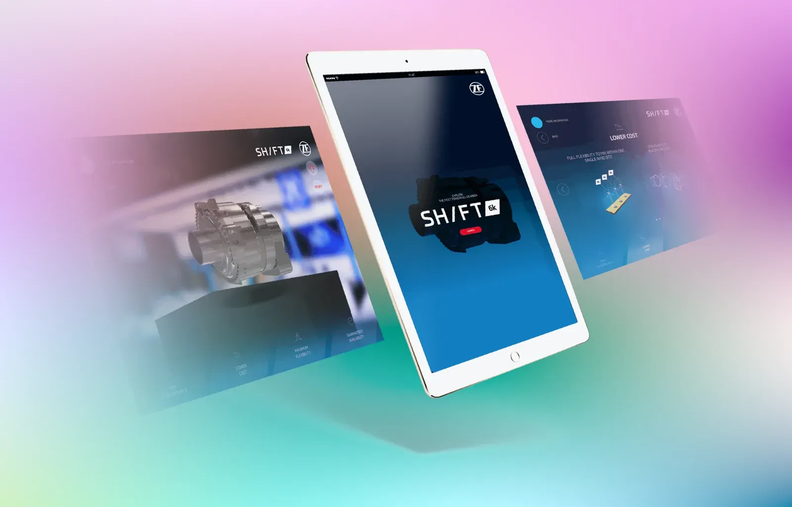 ZF SHIFT 6k app presented on an iPad with surrounding interface screens against a pastel gradient background.